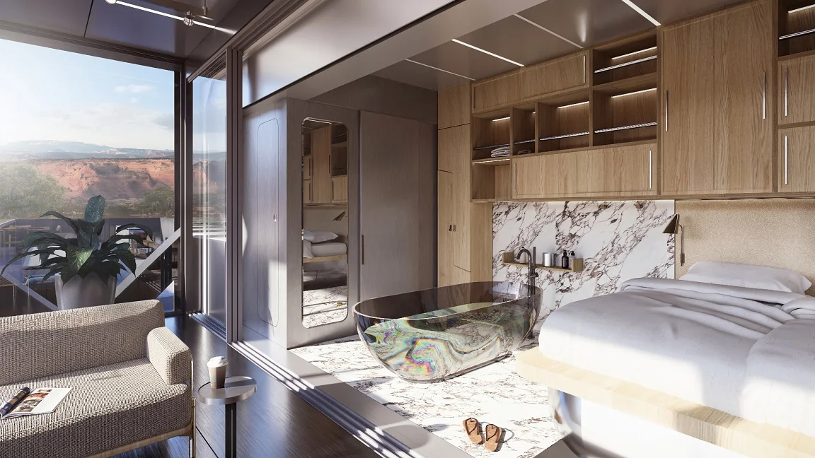 Modern interior of a serene living space featuring a freestanding tub, minimalist furniture, and large windows with views of a natural landscape, emphasizing spa-inspired luxury and hobby-centric design.