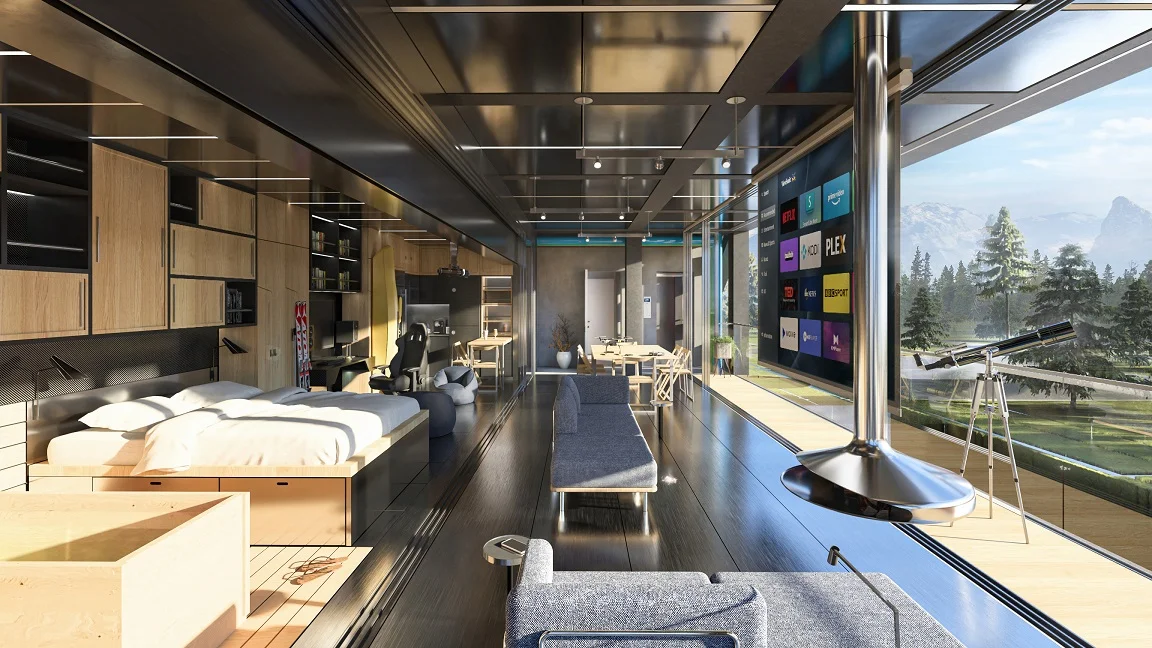 Modern modular living space featuring hobby-centric design with a bed, ergonomic workspace, and integrated storage, overlooking a serene outdoor view with a telescope for exploration.
