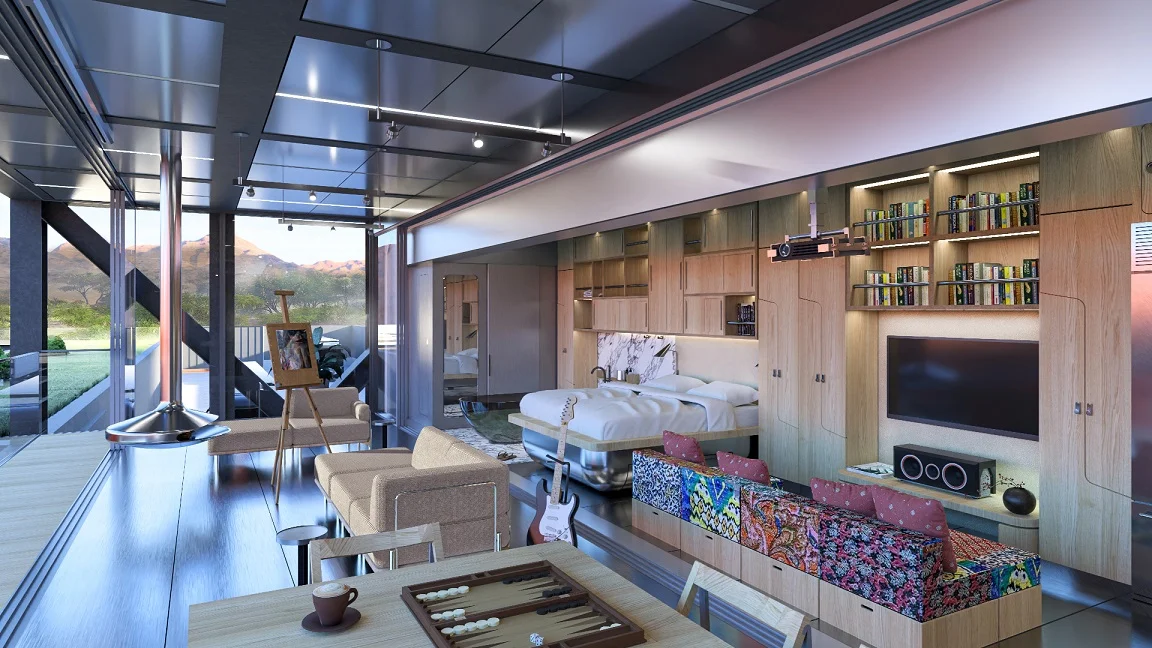 Modern modular living space showcasing hobby-centric design with a cozy lounge area, integrated storage, and serene views of nature, emphasizing relaxation and creativity in the Founder's Series by ARC Development.