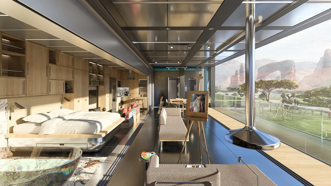 Modern modular living space featuring a bedroom with a freestanding tub, hobby areas, and large windows showcasing serene outdoor views, emphasizing spa-inspired luxury and hobby-centric design.