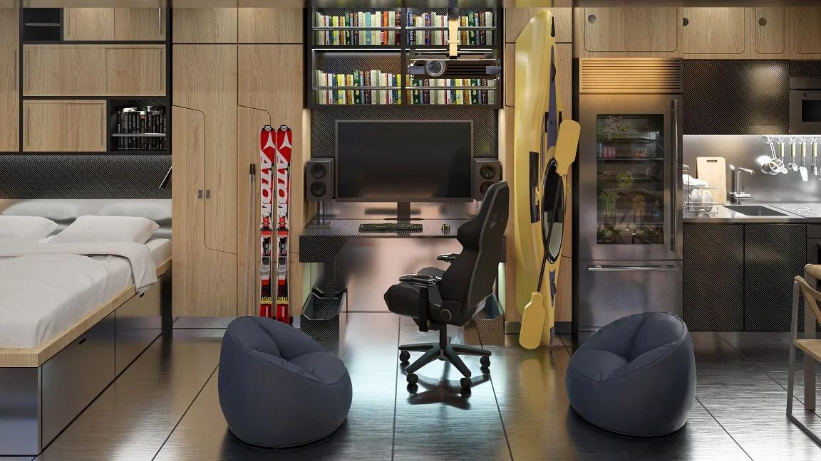 Modular living space featuring ergonomic workspace, integrated desk, ski gear storage, and kayak, emphasizing hobby-centric design and modern simplicity.