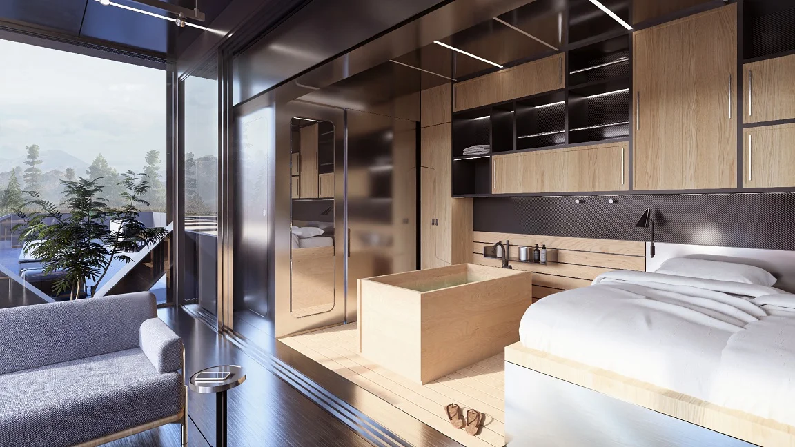 Modern modular living space featuring a freestanding wooden tub, sleek cabinetry, and a serene view of nature, emphasizing spa-inspired luxury and mindful amenities.