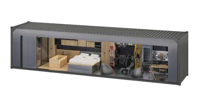 Modular living space design featuring dedicated areas for hobbies, a professional workspace, and modern simplicity with collapsible furniture and integrated storage.