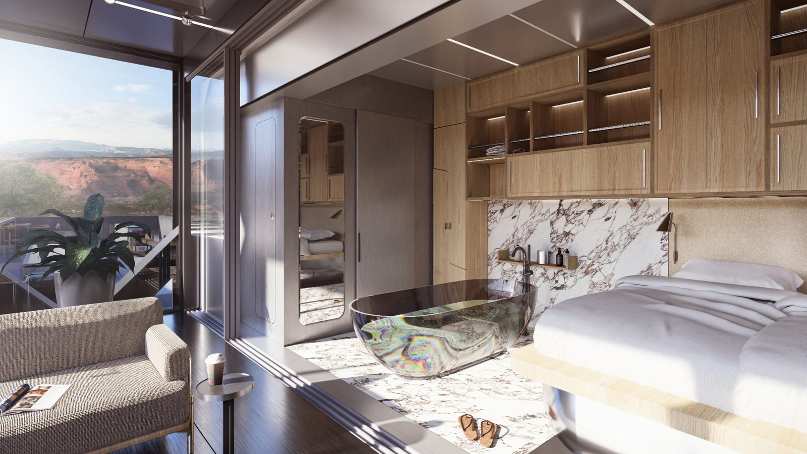 Modern modular living space featuring a sleek bedroom with a bed, a unique transparent bathtub, and large windows showcasing a scenic outdoor view, emphasizing ARC Development's innovative and adaptable housing solutions.