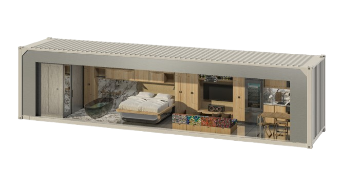 Modular living space design showcasing a Steel Edition interior with hobby-centric amenities, including a bedroom, living area, and kitchen, emphasizing spa-inspired luxury and modern simplicity.