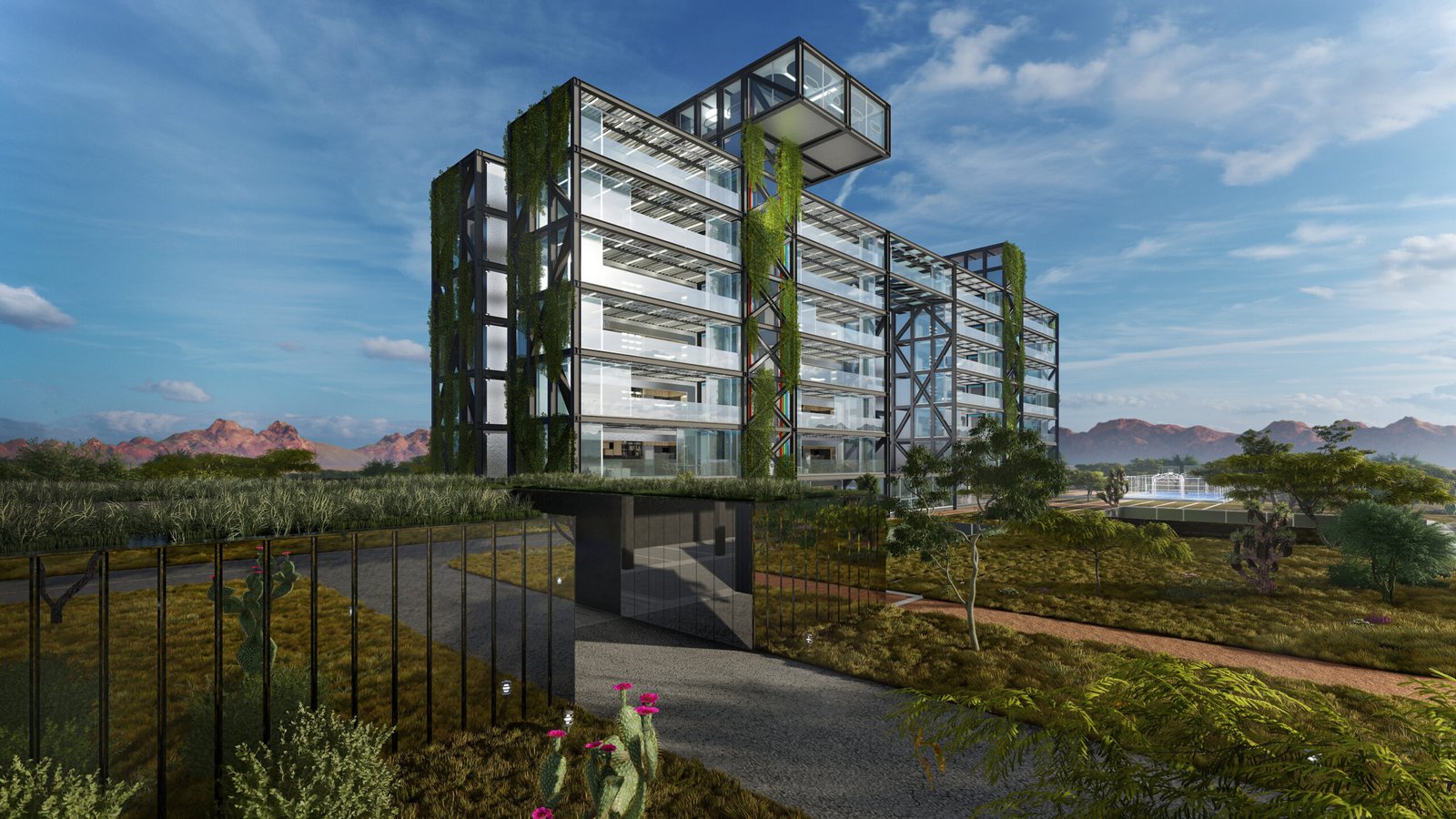 Modular automated tower with greenery, designed for high-tech living and working, set against a backdrop of mountains and desert landscape, representing ARC Development's innovative housing solutions.