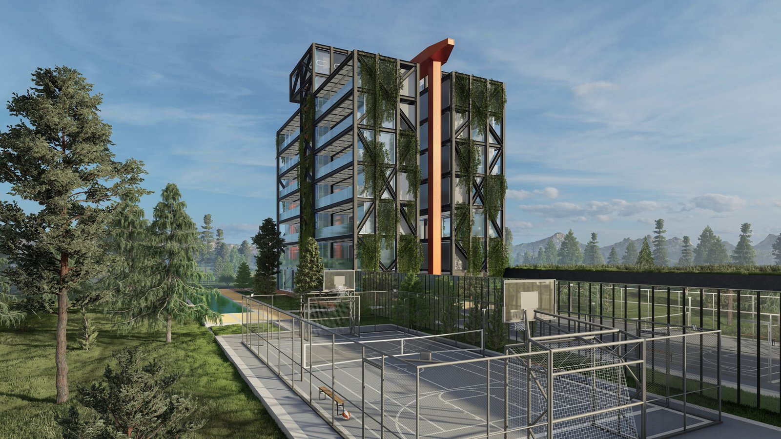 Modular tower with glass facade and greenery, surrounded by outdoor basketball court and trees, representing ARC Development's innovative vertical infrastructure for adaptable living solutions.