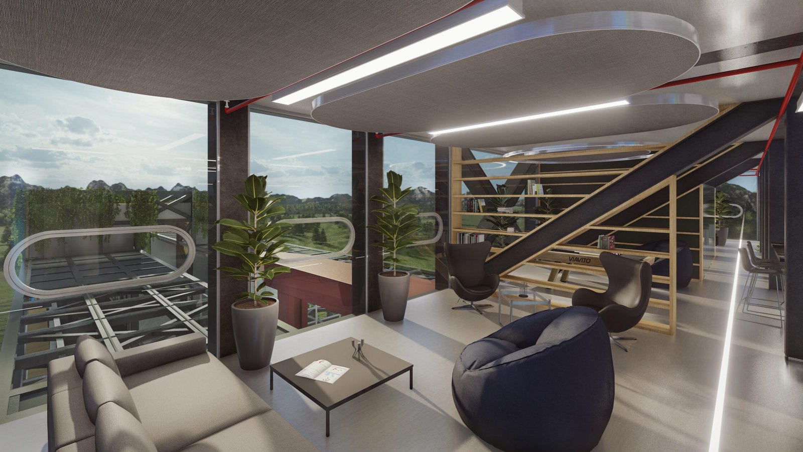 Luxury modular ARC container suite interior with panoramic views in North America, co-located with national parks.