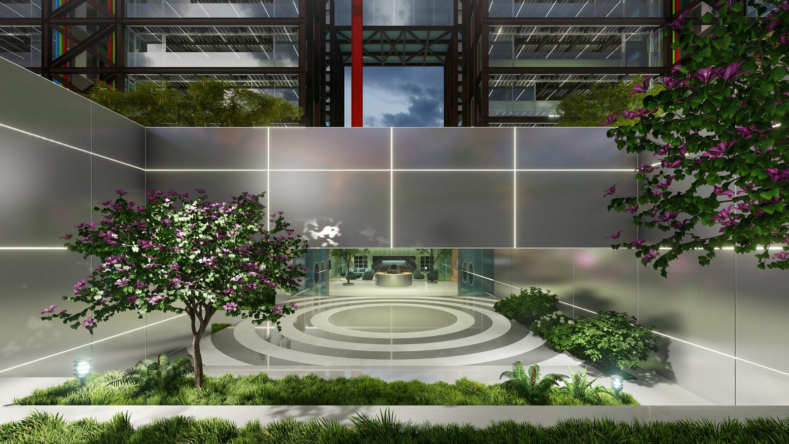Modern architectural entrance featuring a circular pathway, surrounded by lush greenery and flowering plants, integrated with sleek, reflective surfaces, highlighting the innovative design of ARC Nodes for modular living solutions.