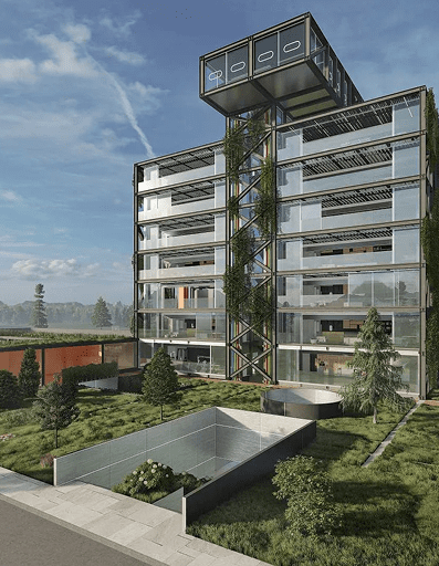 ARC modular container home interior with panoramic views in North America, co-located with national parks.