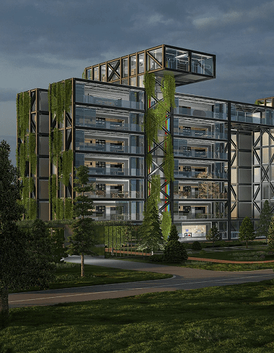 Modular living space with transparent walls and interconnected units in North America, co-located with national parks.