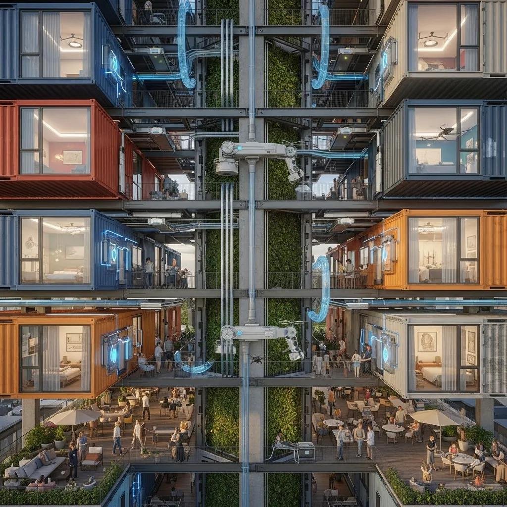 Automated vertical docking hub with multiple modular container suites and integrated services