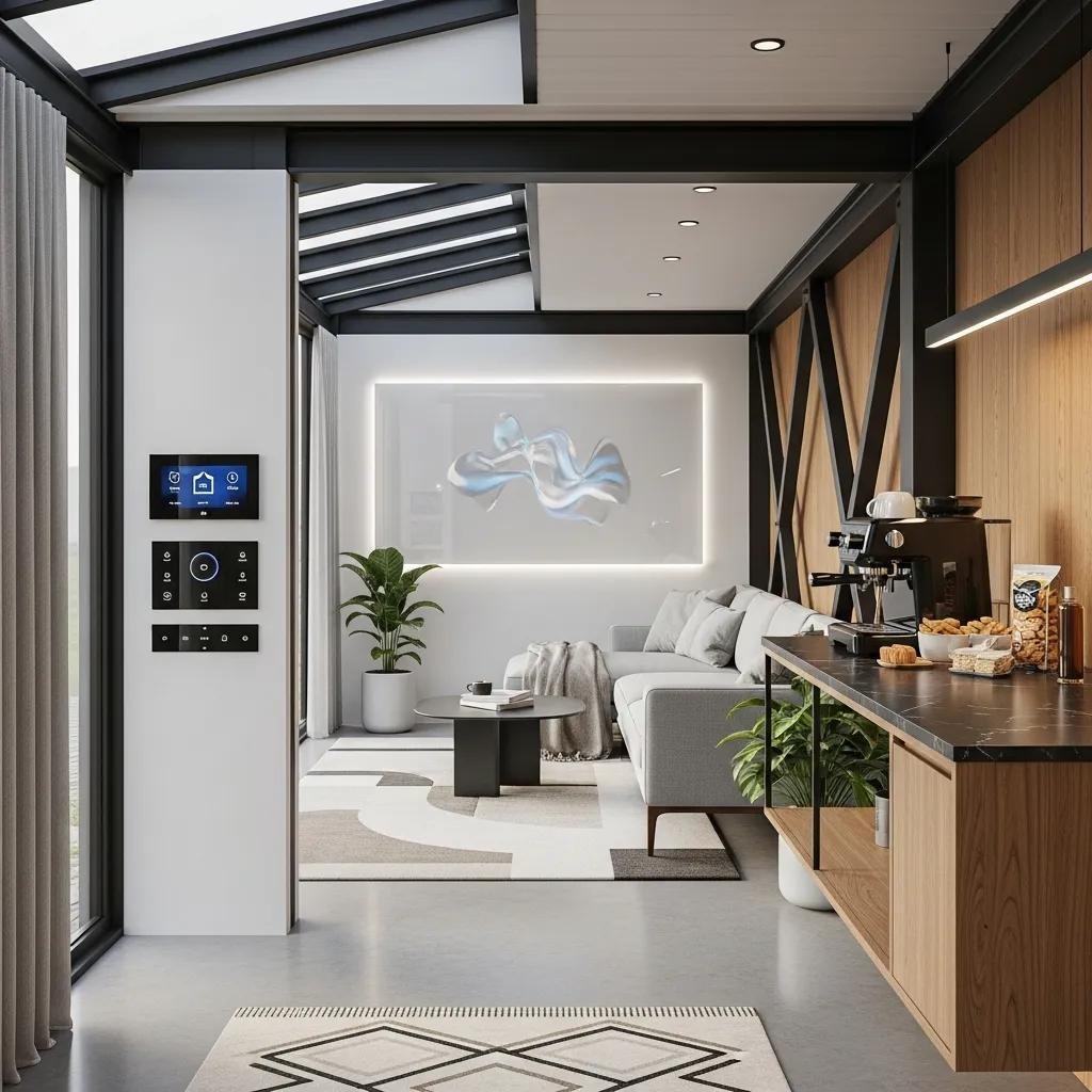 Interior view of a high-tech modular container suite with smart home features and luxurious design