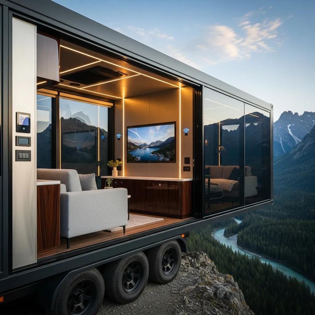 Luxury mobile living space with modern modular container suite and scenic backdrop